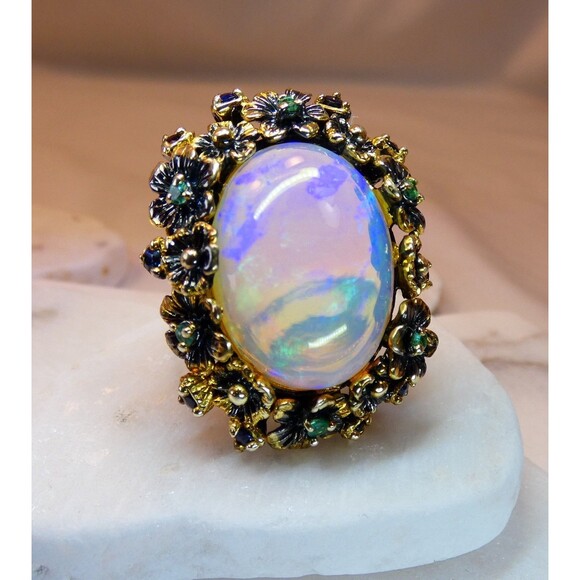 HUGE 26CT Ethiopian Welo Opal Emeralds- Blue Sapphires Sterling Silver Ring - Picture 4 of 11